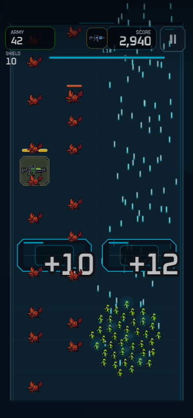 Claw Shooter gameplay with a large commando squad, upgrade gates, and an incoming lobster swarm