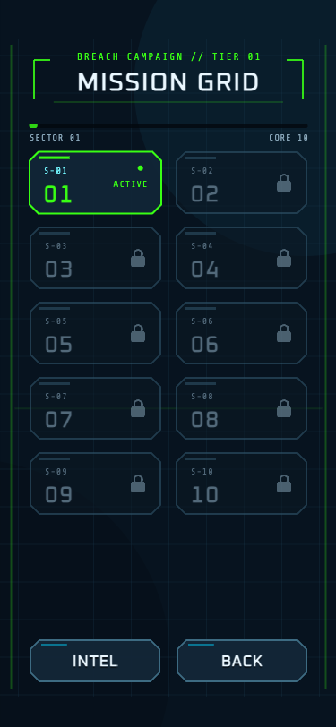 Claw Shooter tactical mission selection grid