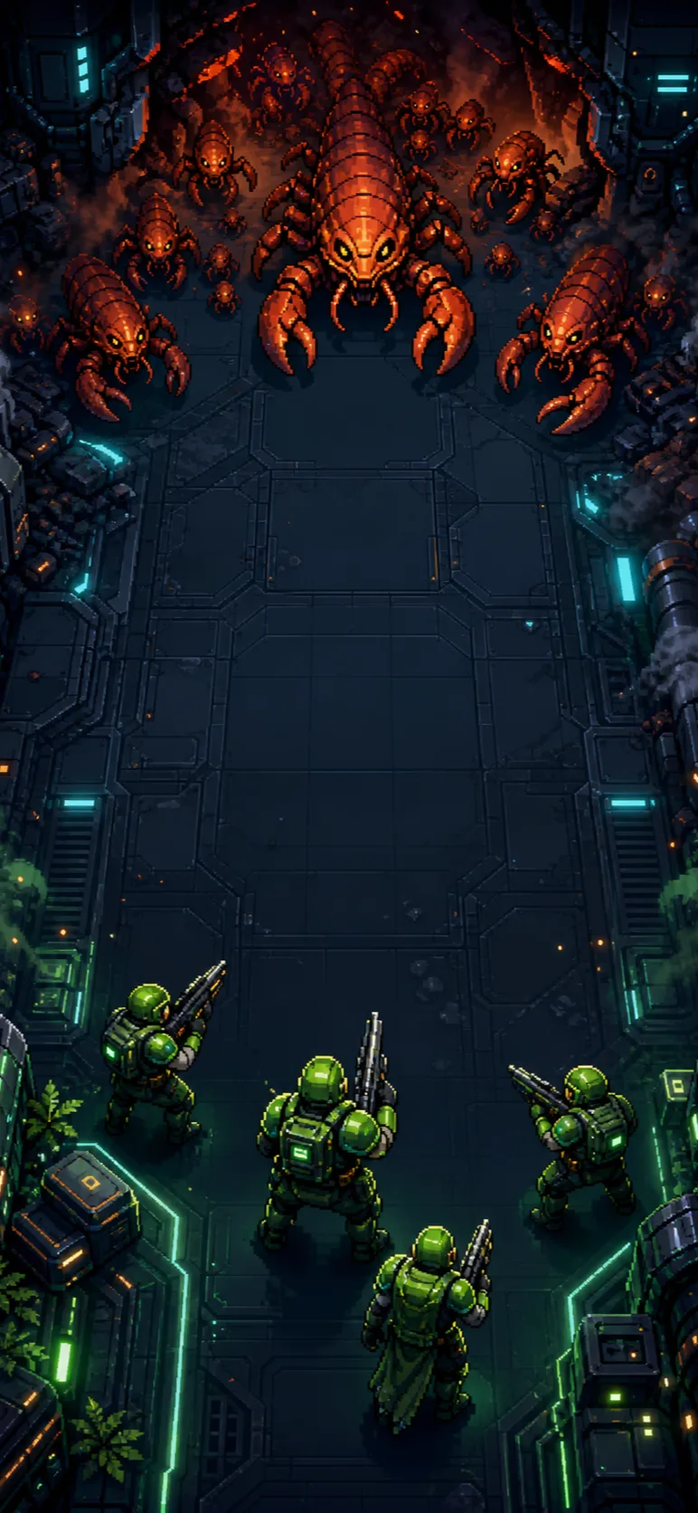 A commando squad facing a massive swarm of armored alien lobsters